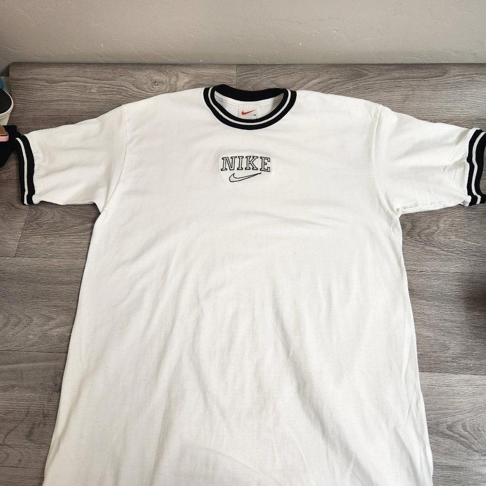 Nike Vintage White Shirt M Ringer 90's Embroidered NEW - Picture 2 of 10